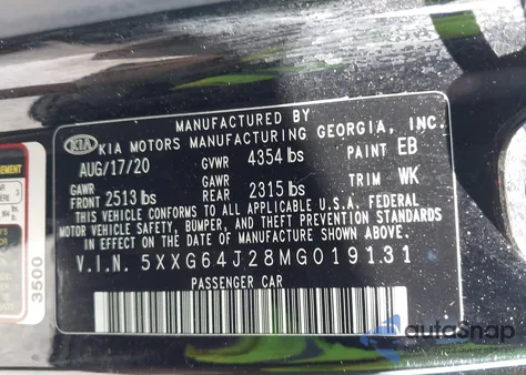 2021 Kia K5 Gt-Line z USA, uszkodzony, nr VIN 5XXG64J28MG019131